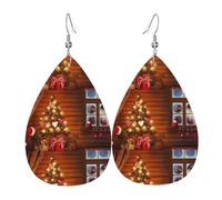 WHJSHOP Santa outside the window Prints Teardrop Leather Earrings - Dangle Drop Earrings for Women, Lightweight Fashion Jewelry with Silver-Plated Hooks, Vibrant Colors for Special Occasions