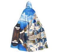 WHJSHOP Santorini Greek Island sea View Prints Halloween Adult Hooded Cloak No Zipper, Comfortable & Durable for Role-Playing