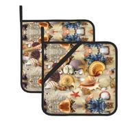 WHJSHOP Starfish Seashell Sandy Beach Theme Prints Square Hot Pads for Kitchen - Waterproof Pot Covers with Hanging Loops - Thick Heat Resistant Trivets for Serving & BBQ, 2-Piece Set