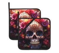 WHJSHOP Sugar Horror Skull and Flowers Pattern Square Insulated Pot Holder Set of 2 8x8 in Thick and Durable, Anti-scalding and Heat-Insulating