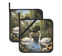 WHJSHOP Swan in The Garden Pattern Square Insulated Pot Mat 2 Pieces Featuring a Convenient Side Hanging Rope for Easy Storage