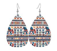 WHJSHOP Swedish Dala Horse Folk Prints Teardrop Leather Earrings - Dangle Drop Earrings for Women, Lightweight Fashion Jewelry with Silver-Plated Hooks, Vibrant Colors for Special Occasions