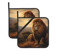 WHJSHOP The Lion on The Hill Pattern Square Insulated Pot Mat 2 Pieces Featuring a Convenient Side Hanging Rope for Easy Storage