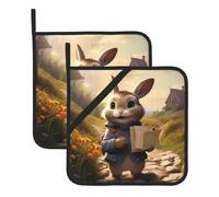 WHJSHOP The Little Rabbit Sending Mail Pattern Square Insulated Pot Mat 2 Pieces Featuring a Convenient Side Hanging Rope for Easy Storage
