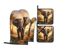 WHJSHOP Tropical African Elephant Prints Kitchen Layers: Waterproof Oven Covers for Safe Handling & Easy Cleanup - 4 Piece Heat Protection Bundle