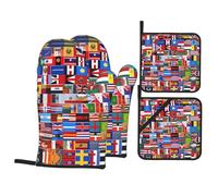 WHJSHOP Various Flags Prints Kitchen Baking Four Piece Set Includes 2 Insulated Gloves and 2 Pot Lid Pads with Pockets Thick and Durable