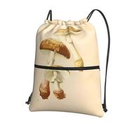 WHJSHOP Vintage Edible Mushrooms Prints Drawstring Zipper Backpack - Lightweight Water-Resistant Gym Bag with Front Pocket & Interior Organizer for Travel, Yoga, & More