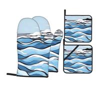 WHJSHOP Waves Lapping at The Rocks Prints Kitchen Baking Set of 4 - Insulated Oven Mitt and Pot Holders Anti-scalding and Heat Insulation