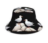 WHJSHOP White Seagull on The Rocks Prints Reflective Bucket Hat for Men and Women - Protection Headwear for Outdoor Activities, Black, One Size