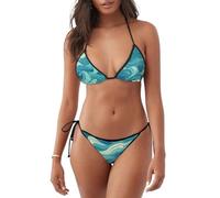 WHJSHOP Women's 2 Piece Bikini Swimsuit Dawn Ocean Waves Printed Triangle Bathing Suits, Black, Medium