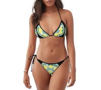 WHJSHOP Women's 2 Piece Bikini Swimsuit Fresh Lemon Slices On A Plate Printed Triangle Bathing Suits, Black, Large
