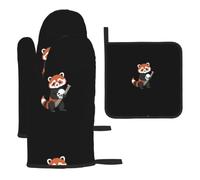 WHJSSF 3-Piece Kitchen Set, Waterproof Oven Mitts & Pot Holder | Thick Heat Resistant Gloves for Baking, Durable Anti-Scald Protection with Hanging Loop Red Panda Holding A Skull Prints