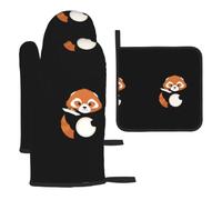WHJSSF 3-Piece Kitchen Set, Waterproof Oven Mitts & Pot Holder | Thick Heat Resistant Gloves for Baking, Durable Anti-Scald Protection with Hanging Loop Red Panda Holding A Plate Prints