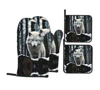 WHJSSF A Lone Wolf Prints 4-Piece Oven Mitts & Pot Holders Set - Waterproof Kitchen Layers & Heat Resistant Grip - Durable Throw for Cooking, Baking & BBQ