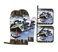 WHJSSF Advanced Snowmobile Printing Kitchen baking four-piece set Includes 2 Insulated Gloves and 2 Pot Lid Pads with Pockets anti-scalding and heat-insulating