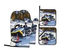 WHJSSF Advanced Snowmobile Prints Kitchen baking four-piece set Includes 2 Insulated Gloves and 2 Pot Lid Pads with Pockets anti-scalding and heat-insulating