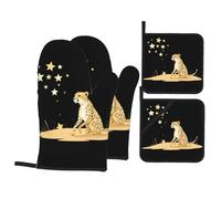 WHJSSF African Cheetah Counting Stars Prints 4-Piece Oven Mitts & Pot Holders Set - Waterproof Kitchen Layers & Heat Resistant Grip - Durable Throw for Cooking, Baking & BBQ