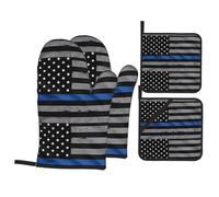 WHJSSF American Thin Blue Line Flag Oven Mitts and Pot Holders, Waterproof Polyester, Black, 4 Piece Set