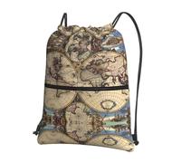 WHJSSF Ancient Map World Globe Prints Drawstring Zipper Backpack - Lightweight Foldable Gym Bag for Travel, Yoga, Hiking & Everyday Essentials