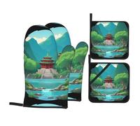 WHJSSF Ancient Temples in The Mountains Prints 4-Piece Waterproof Oven Throws & Heat Resistant Pot Covers - Durable Kitchen Layers for Grilling & Baking