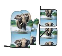 WHJSSF Asian Elephant in The Water Printing Oven Mitts and Pot Holders Sets - Heat-Resistant, Waterproof, and Durable Kitchen Baking Four-Piece Set