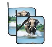 WHJSSF Asian Elephant in The Water Prints Square Insulation Pot Mat (Two-Piece Set) for Kitchen Lid Removal, Microwave Ovens, Ovens, Featuring Side Hanging Rope