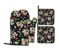 WHJSSF Autism Awareness Puzzle Pieces Heart Prints Kitchen Baking Set - 4-Piece Heat Protection Layers with Waterproof Potholders for Oven, Grill & Serving