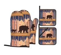 WHJSSF Bear and Fox Pattern Oven Mitts and Pot Holders Set, Waterproof Polyester, Black, 21x21 cm, 4 Piece
