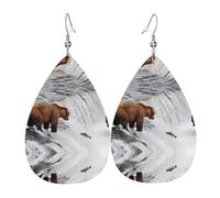 WHJSSF Bears fishing in river Prints Teardrop Leather Earrings - Stylish Dangle Drops for Women, Lightweight Jewelry with Silver-Plated Hooks, Vibrant Colors for Parties & Gifts