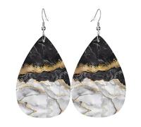 WHJSSF Black White Gold Foil Marble Prints Dangle Water Drop Earrings - Chic Faux Leather Drops for Festive & Everyday Style