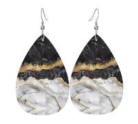 WHJSSF Black White Gold Foil Marble Prints Teardrop Leather Earrings - Stylish Dangle Drops for Women, Lightweight Jewelry with Silver-Plated Hooks, Vibrant Colors for Parties & Gifts