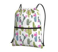WHJSSF Blooming Cactus Prints Drawstring Zipper Backpack - Lightweight Foldable Gym Bag, Travel Duffel with Front Pocket & Interior Organizer
