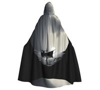 WHJSSF Boat in the Moon Pattern Halloween Adult Hooded Cape Cloak with Bow Tie for Costume Parties, Cosplay