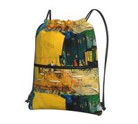 WHJSSF Cafe Terrace at Night Prints Drawstring Zipper Backpack - Lightweight Foldable Gym Bag, Travel Duffel with Front Pocket & Interior Organizer