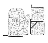 WHJSSF Chemistry Print Oven Mitts and Pot Holders Set, Black and White, Waterproof Polyester, 4 Piece