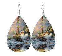 WHJSSF Coast Wave and Lighthouse Prints Dangle Water Drop Earrings - Chic Faux Leather Drops for Festive & Everyday Style