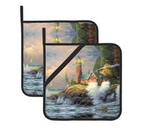 Whjssf Coast Wave And Lighthouse Prints Square Hot Pads For Kitchen - Waterproof Trivets, Durable Pot Covers With Hanging Loops - Set Of 2 (One With Pocket)