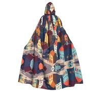 WHJSSF Colorful Town Buildings Printing Halloween Adult Hooded Cape Super Large Hooded Cloak