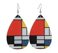 WHJSSF Composition in Red Yellow Blue and Black Prints Teardrop Leather Earrings - Stylish Dangle Drops for Women, Lightweight Jewelry with Silver-Plated Hooks, Vibrant Colors for Parties & Gifts