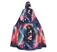 WHJSSF Cosmic Shining Planet Pattern Halloween Adult Hooded Cape Cloak with Bow Tie for Costume Parties, Cosplay