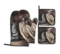 WHJSSF Cowboy Black Hat Western Boots Prints 4-Piece Waterproof Oven Throws & Heat Resistant Pot Covers - Durable Kitchen Layers for Grilling & Baking