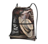 WHJSSF Cowboy Black Hat Western Boots Prints Drawstring Zipper Backpack - Lightweight Water-Resistant Sport Gym Travel Bag with Front Pocket & Internal Organizer