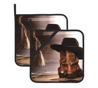 WHJSSF Cowboy Black Hat Western Boots Prints Square Hot Pads for Kitchen Counter - Waterproof Trivets with Hanging Loop, Thick Pot Covers for Serving, Oven & BBQ - Set of 2 (1 with Pocket)