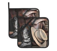 Whjssf Cowboy Black Hat Western Boots Prints Square Hot Pads For Kitchen - Waterproof Trivets, Durable Pot Covers With Hanging Loops - Set Of 2 (One With Pocket)