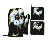 WHJSSF Crescent-shaped cotton Prints Kitchen baking four-piece set Includes 2 Insulated Gloves and 2 Pot Lid Pads with Pockets anti-scalding and heat-insulating