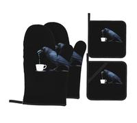 WHJSSF Crow Drinking Water from a Cup Printing Oven Mitts and Pot Holders Sets - Heat-Resistant, Waterproof, and Durable Kitchen Baking Four-Piece Set