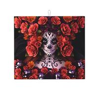 WHJSSF Day Of The Dead Sugar Roses Skull Prints Kitchen Drying Mat - Super Absorbent Dish Drying Throw with Colorful Prints, Quick-Dry Countertop Layer for Dishes, Glasses & Small Appliances