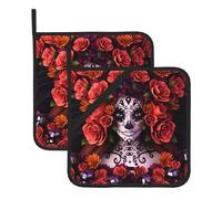 WHJSSF Day Of The Dead Sugar Roses Skull Prints Square Pot Holders - Heat Resistant Kitchen Trivets 2-Piece Set with Hanging Loop - Waterproof Layer for Hot Dishes, Oven & Grill Use