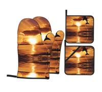 WHJSSF Dolphin at Dusk Oven Mitts and Pot Holders Set, Waterproof Polyester, Black, 21x21 cm, 4 Piece