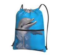 WHJSSF Dolphin with a Smile Prints Drawstring Zipper Backpack - Lightweight Foldable Gym Bag, Travel Duffel with Front Pocket & Interior Organizer